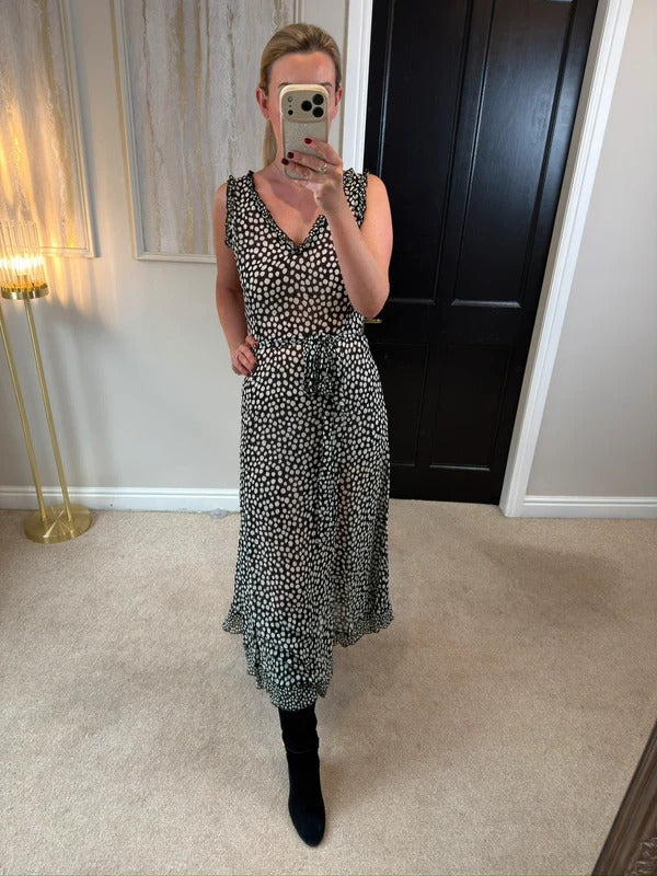 Black & White Spotty Sheer Belted Dress Medium
