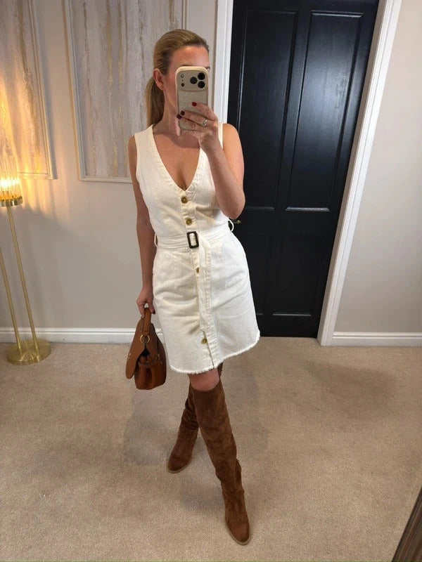 Missguided White Belted Denim Dress 10