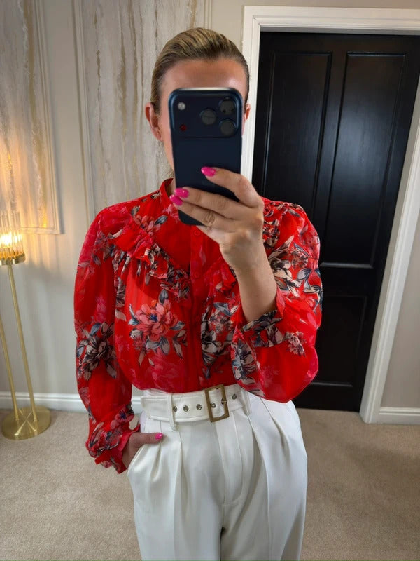 French Connection Red Sheer Floral Frill Blouse 10