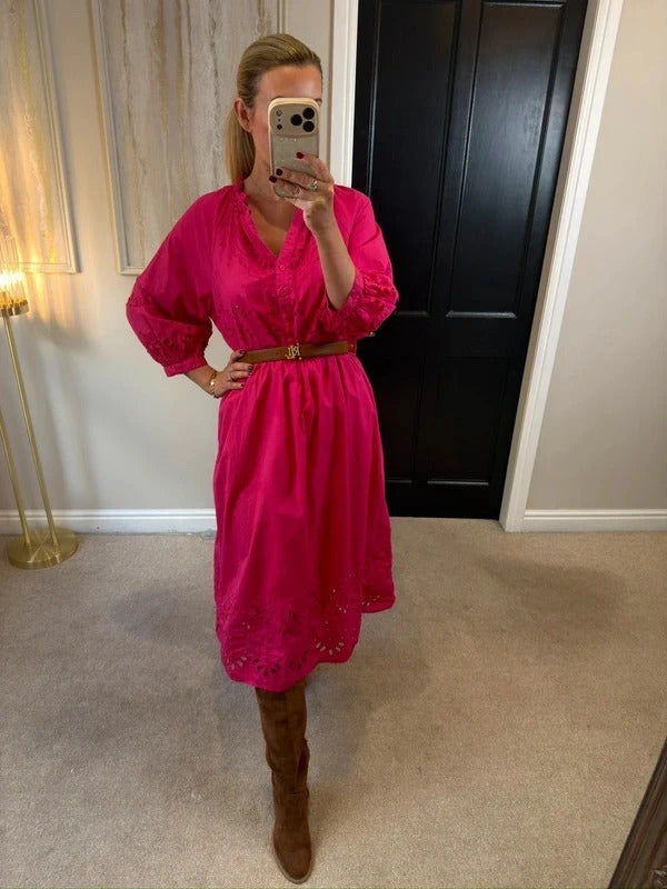M&S Pink Broderie Anglaise Midi Dress 14