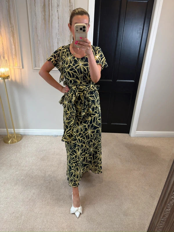 Vintage Roman Black & Butter Yellow Floral Frill Dress