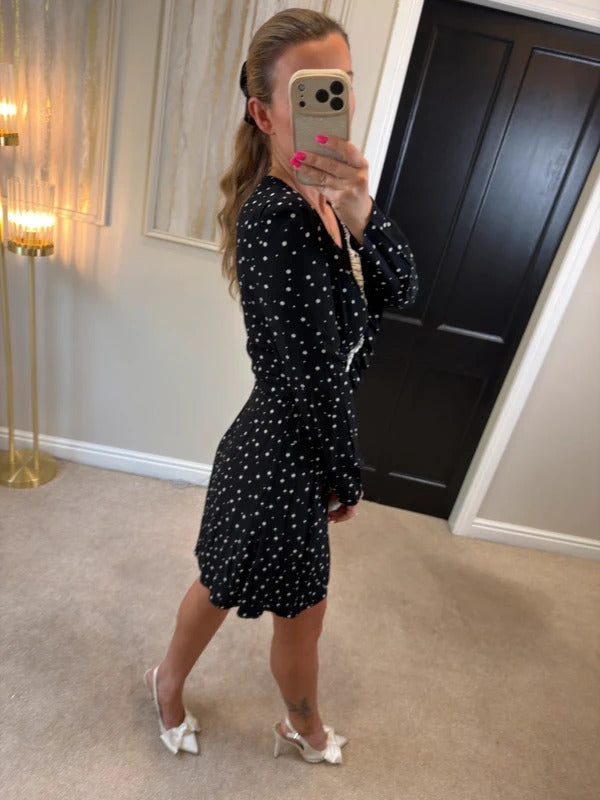 Nobody’s Child Black & White Polka Dot Frill Wrap Dress Size 8