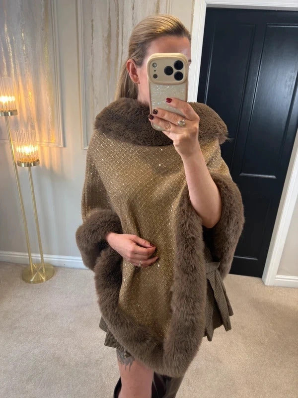 Boutique Brown Tweed Wool Blend Faux Fur Poncho One Size