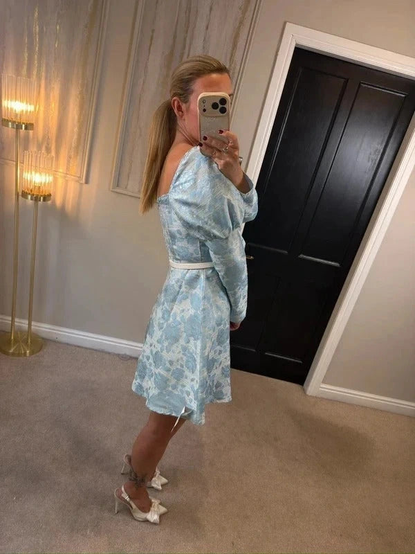 BNWT Miss Selfridge Blue Metallic Jacquard Floral Milkmaid Dress Small