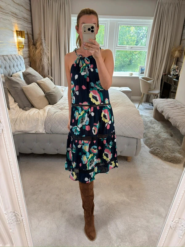 M&S Navy Floral Tassel Beach Sundress 8