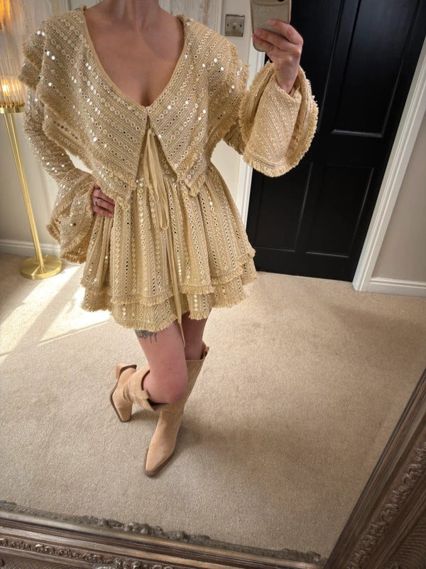 Gypsabella Beige / Gold Portia Boho Embellished Dress Small