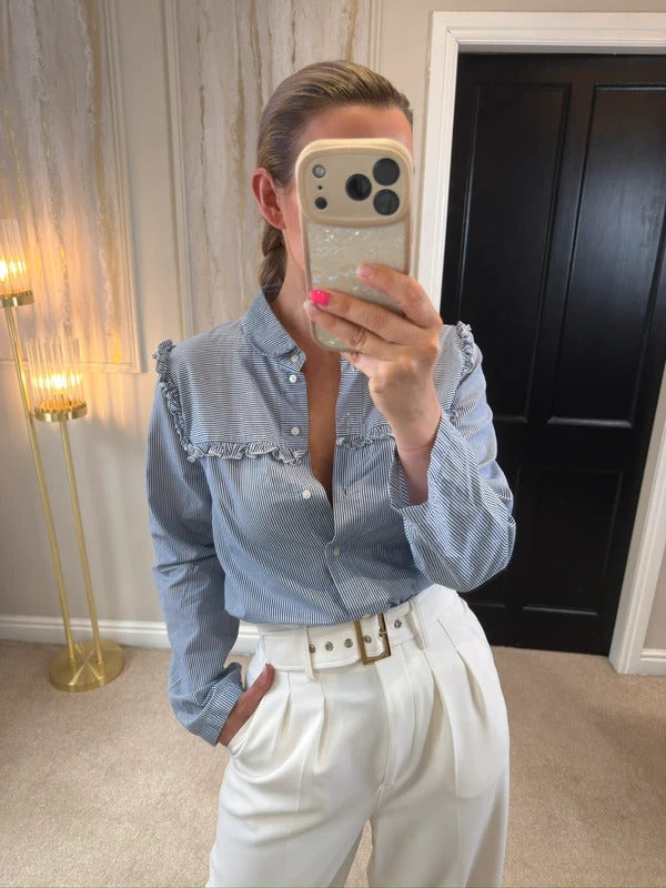 M&S Limited Edition Blue & White Stripe Frill Shirt Size 14