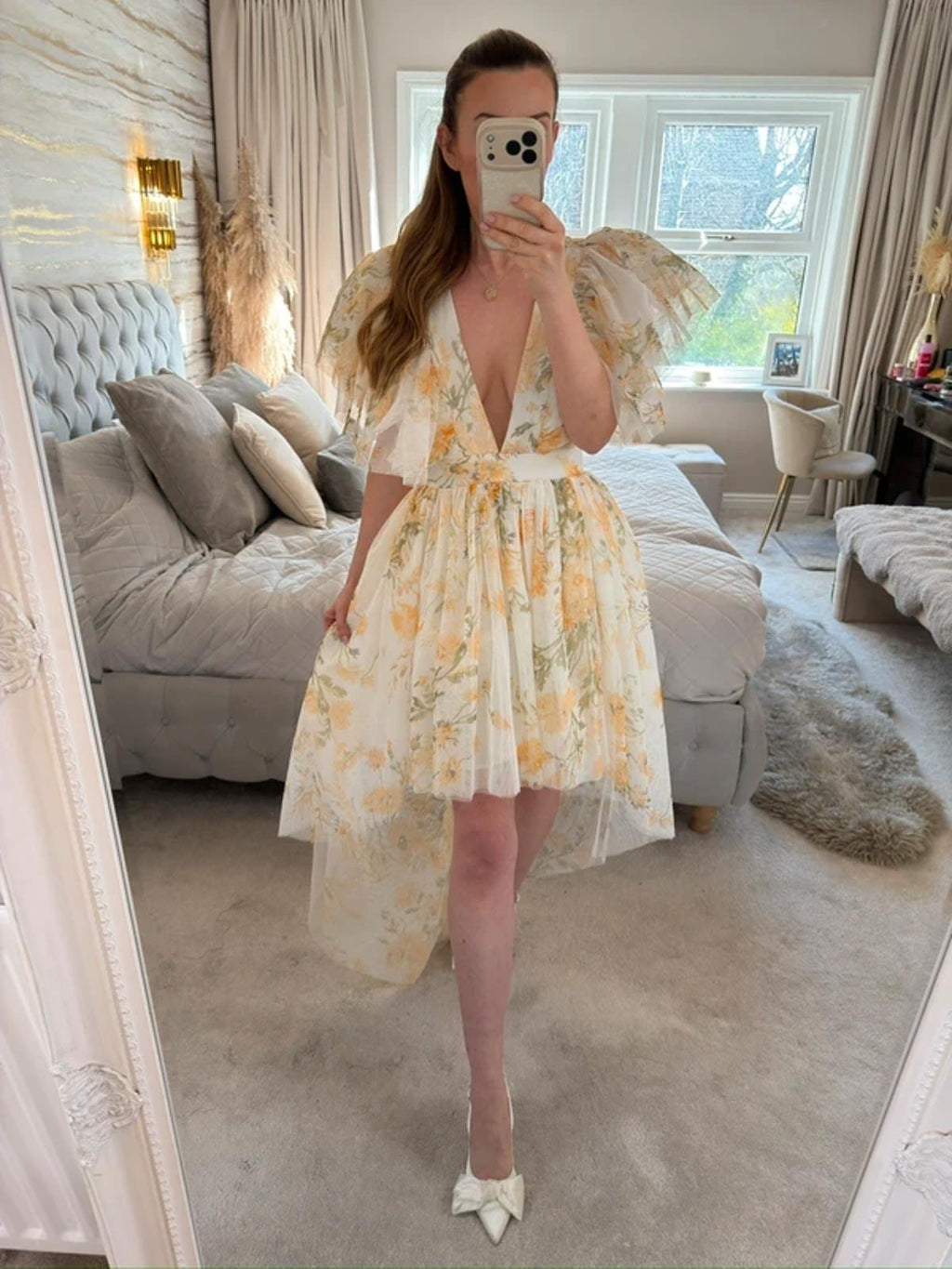 River Island Luxe Yellow Floral Tulle Dip Hem Dress 12