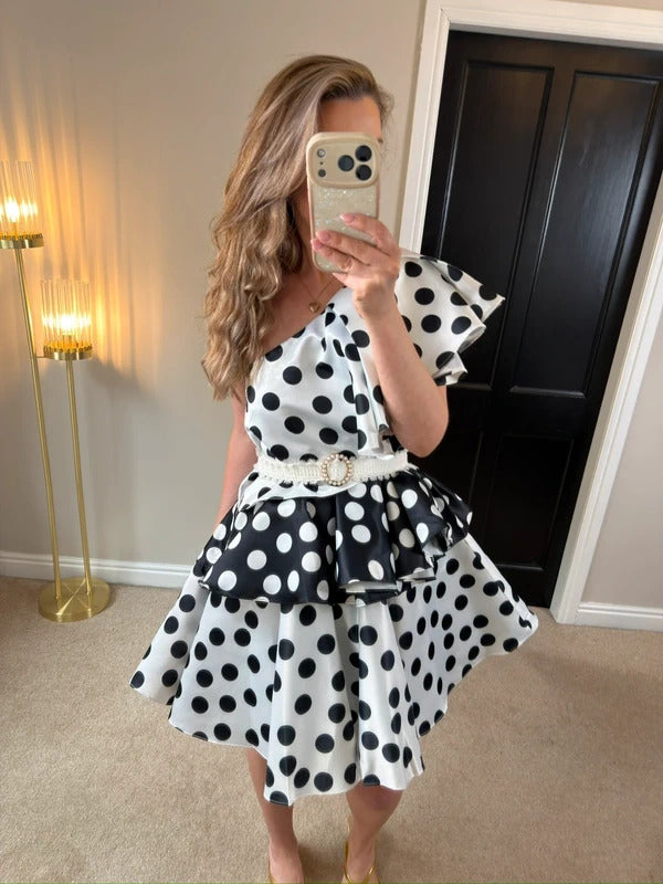 BNWT Forever Unique Black & White Polka Dot Layered One Shoulder Dress 8