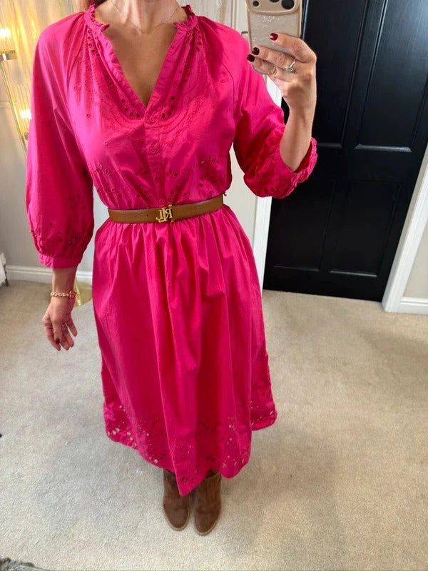 M&S Pink Broderie Anglaise Midi Dress 14