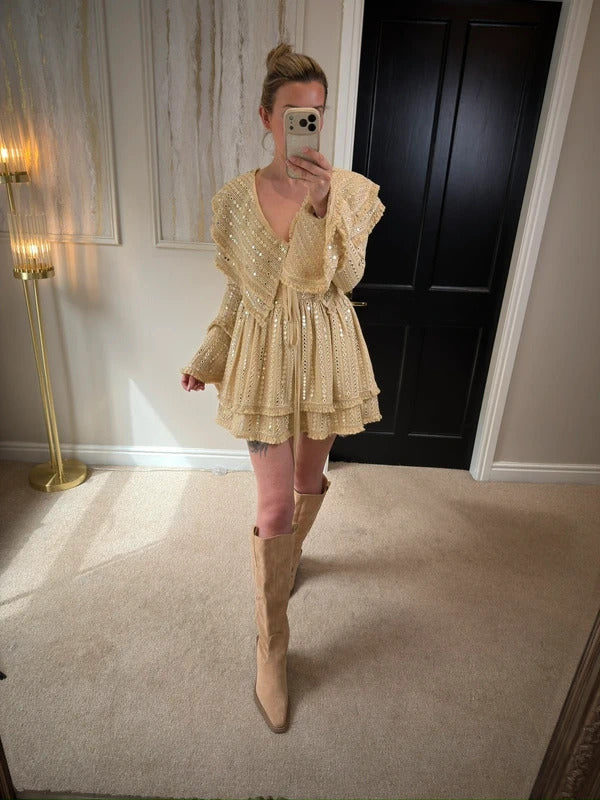 Gypsabella Beige / Gold Portia Boho Embellished Dress Small