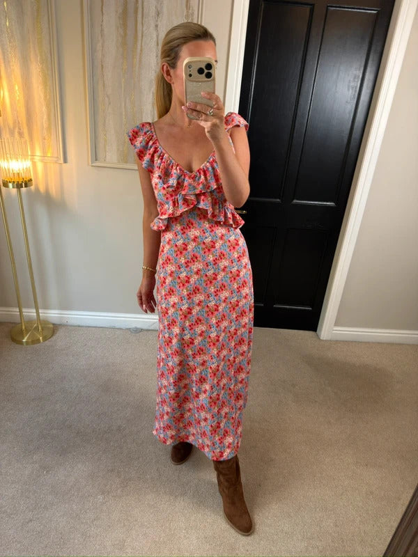 F&F Multicoloured Floral Frill Midi Dress 10
