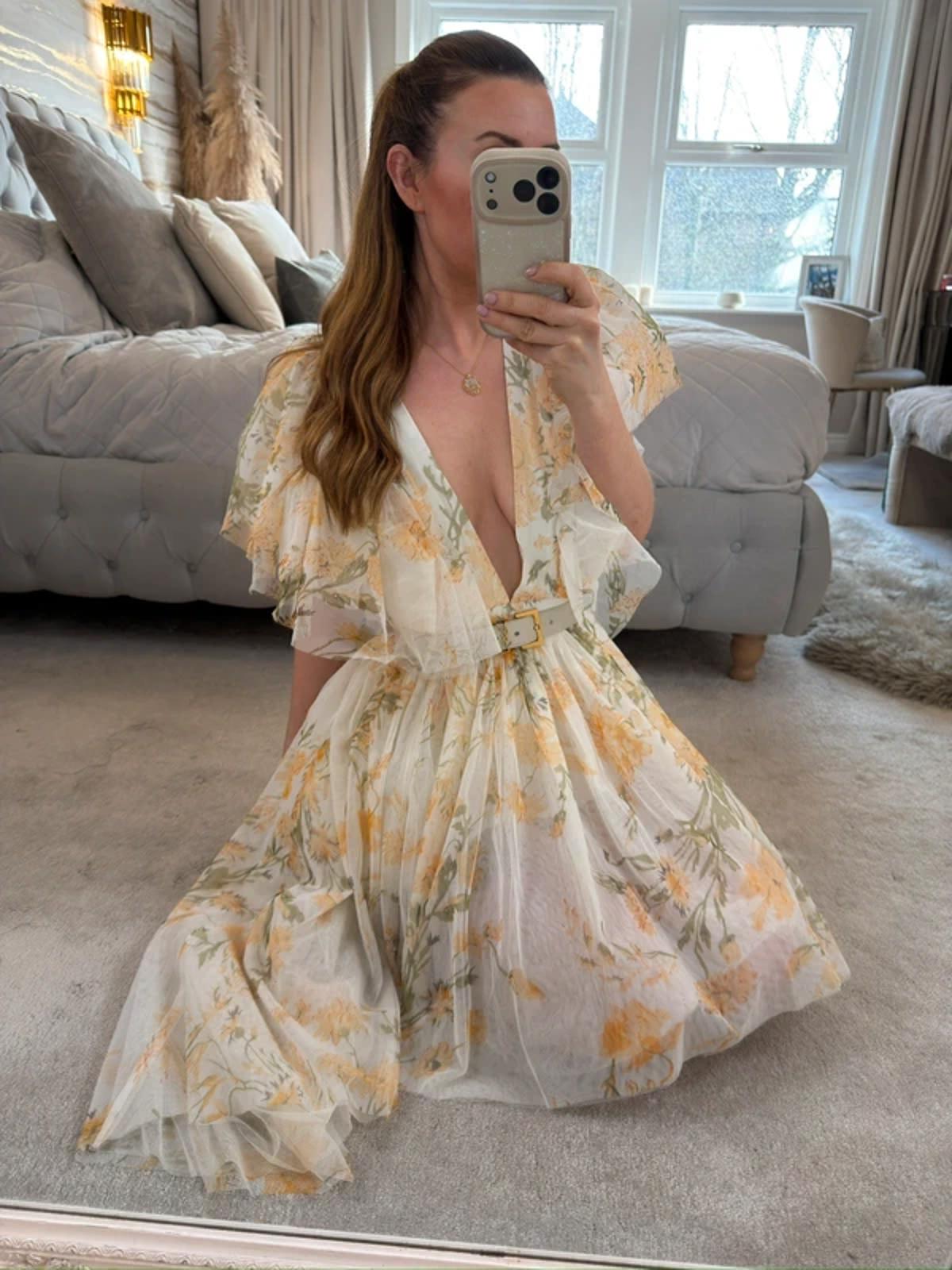 River Island Luxe Yellow Floral Tulle Dip Hem Dress 12