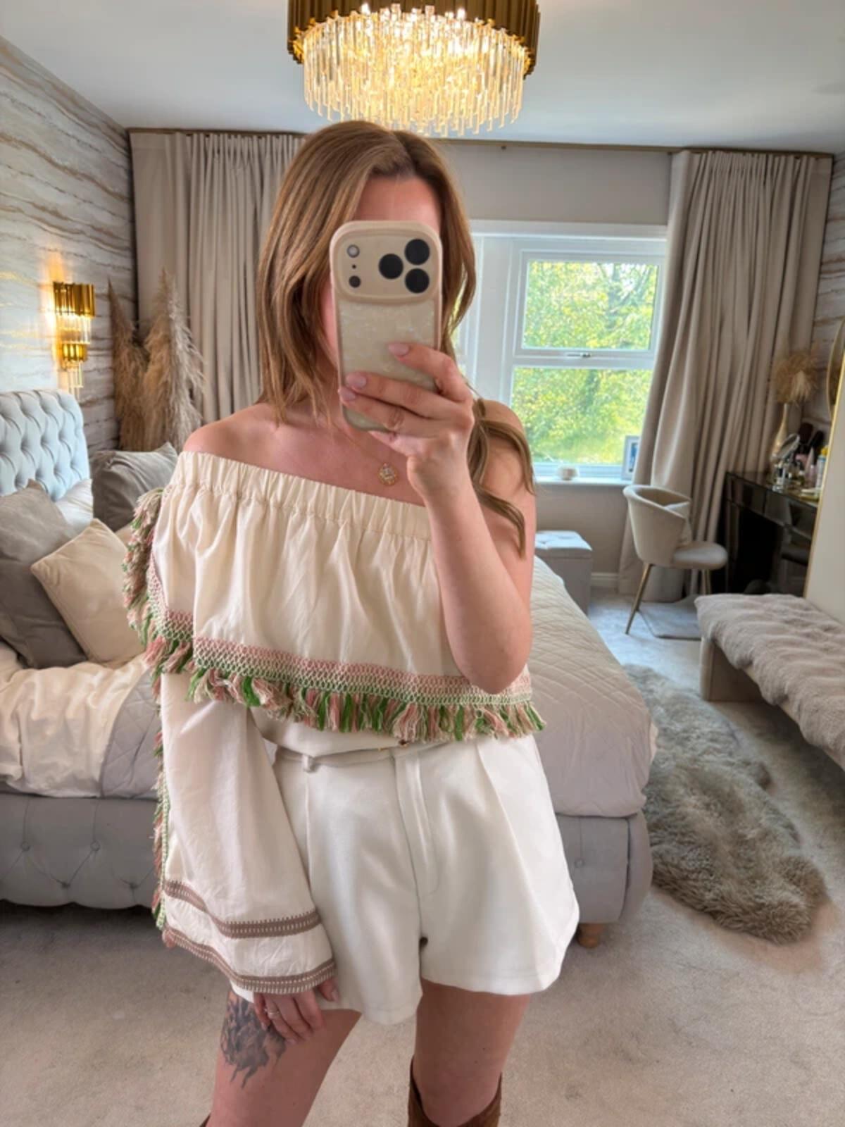 Celia Dragouni Cream Boho Tassel Blouse