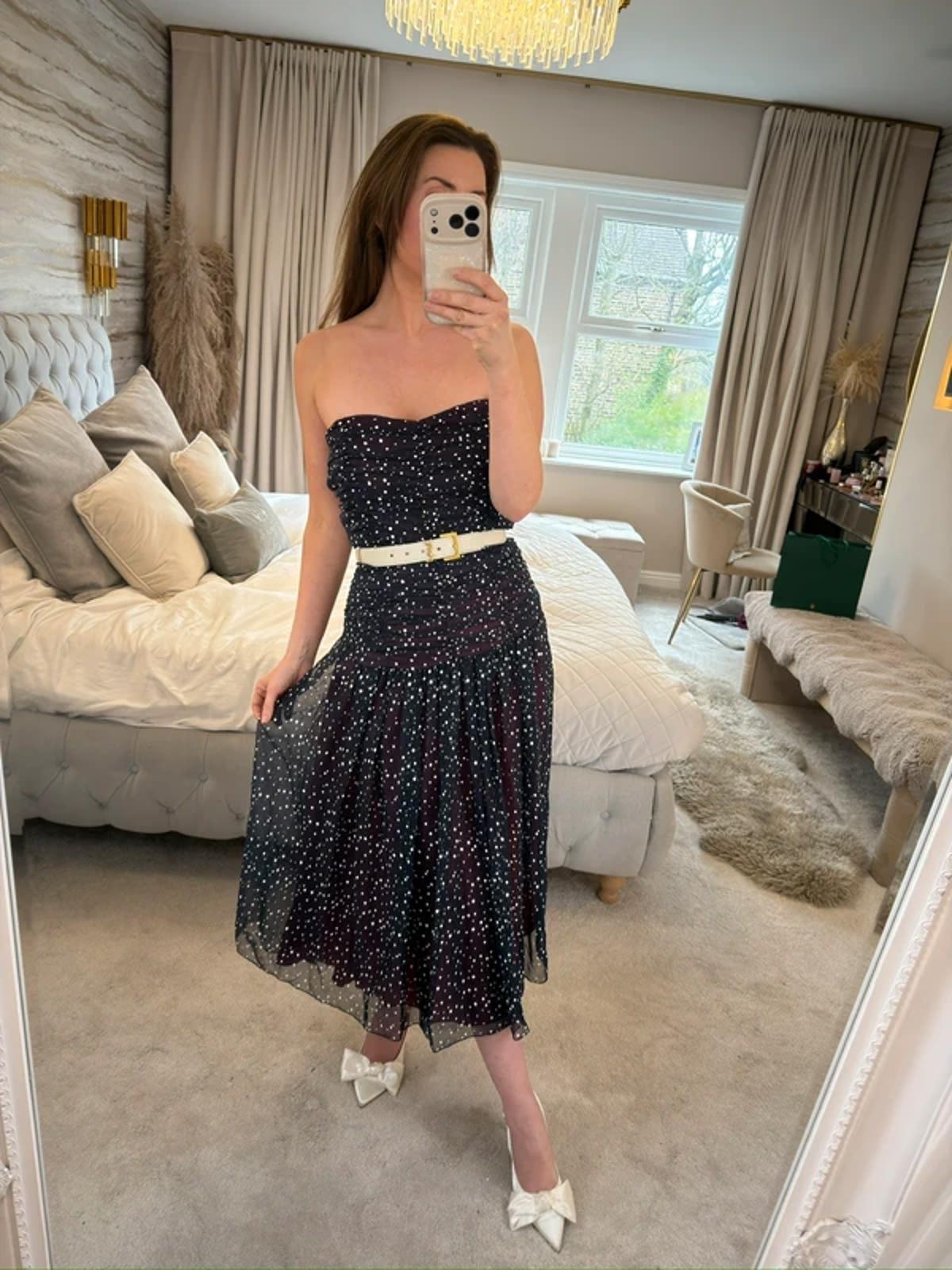 Vintage Navy Spotted Strapless Midi Dress 10/12