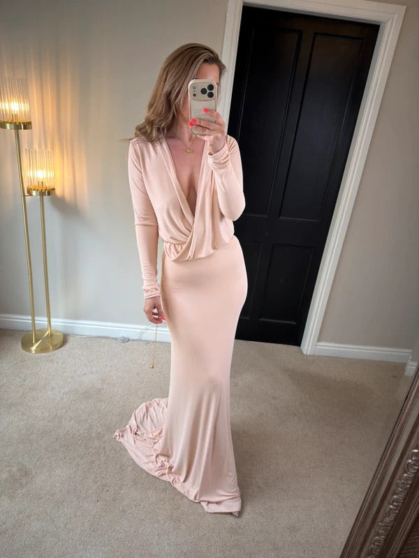Gorgeous Couture Light Pink / Nude Plunge Dress Small