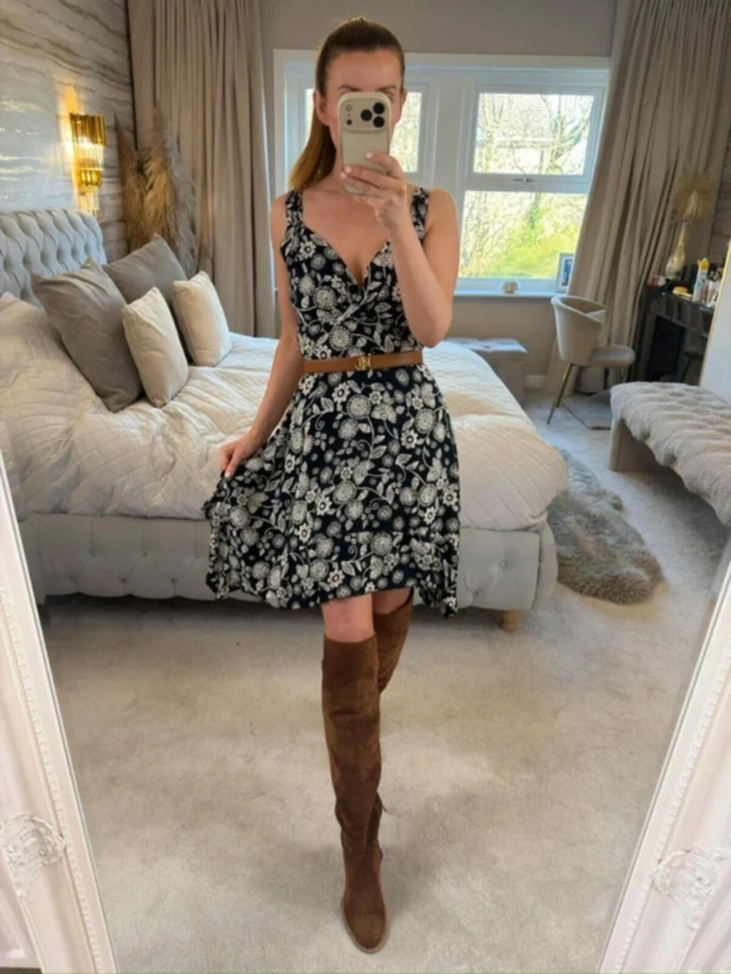 Apricot Navy Floral Asymmetrical Hem Dress 8