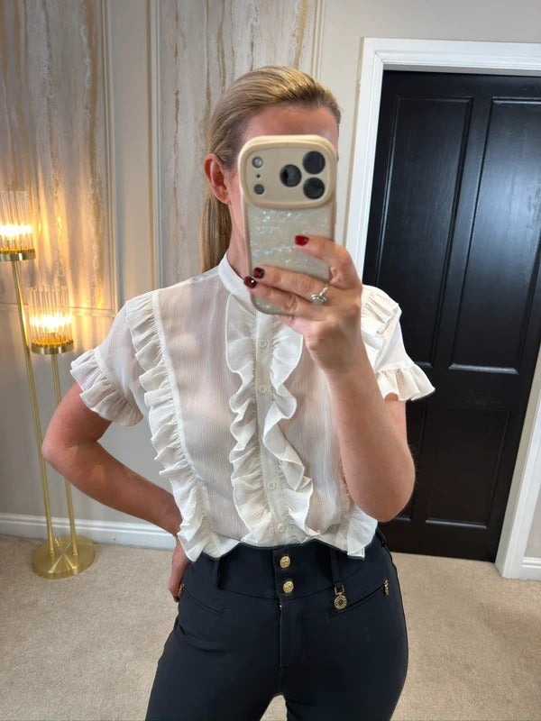 Boohoo Cream Semi Sheer Frill Blouse 6