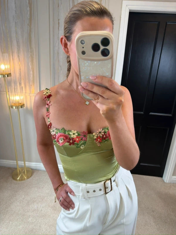 BNWT Princess Polly Green Satin Floral Bralette 6
