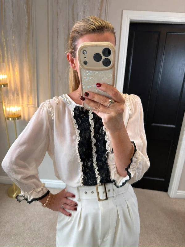 River Island Cream & Black Lace Frill Embellished Blouse 14