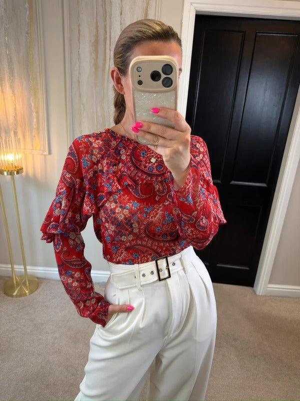 Papaya Red & Blue Sheer Paisley Frill Blouse 10