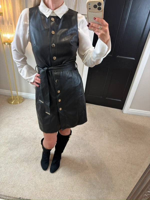 F&F Black Faux Leather Belted Dress 10