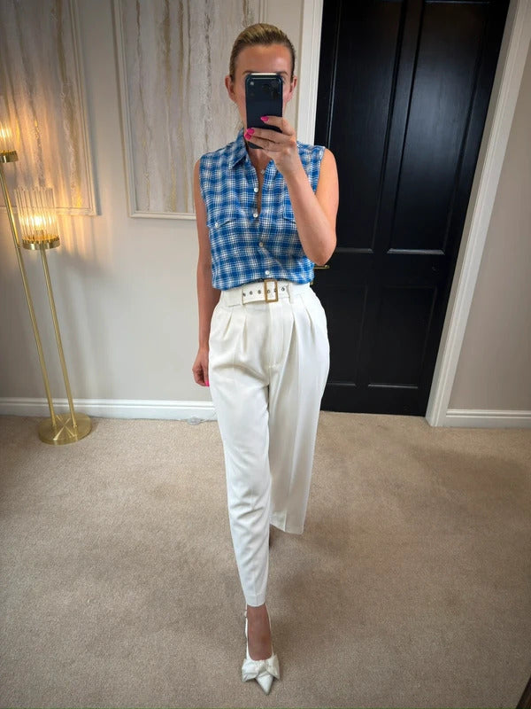 Vintage Etam Blue Check Sleeveless Shirt Size 10