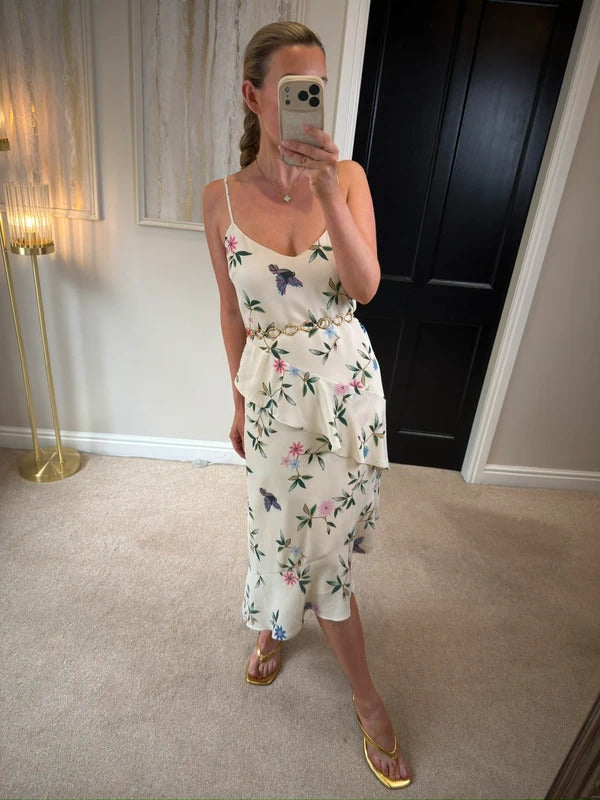 M&S White Floral & Bird Layered Midi Slip Dress 10