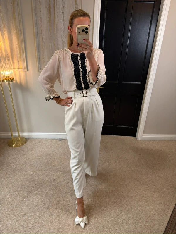 River Island Cream & Black Lace Frill Embellished Blouse 14