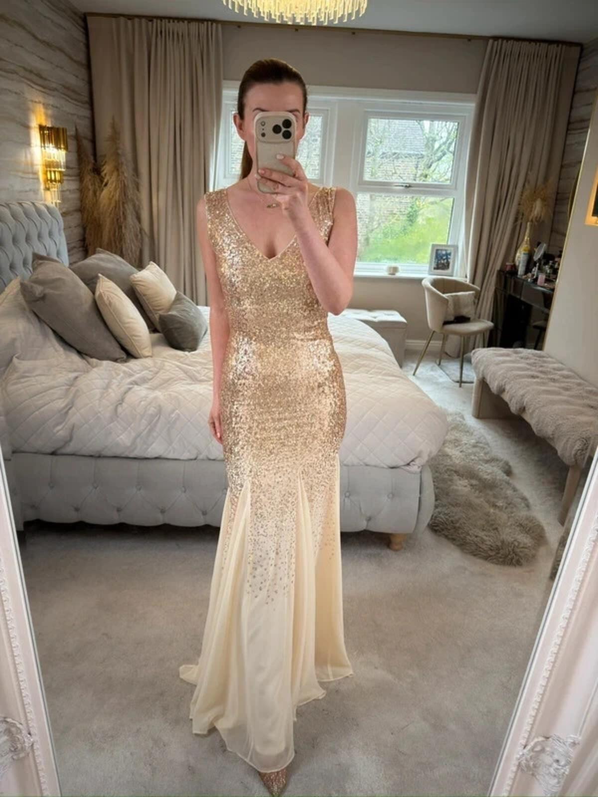 BNWT Goddiva Gold Sequin Evening Dress 6/8