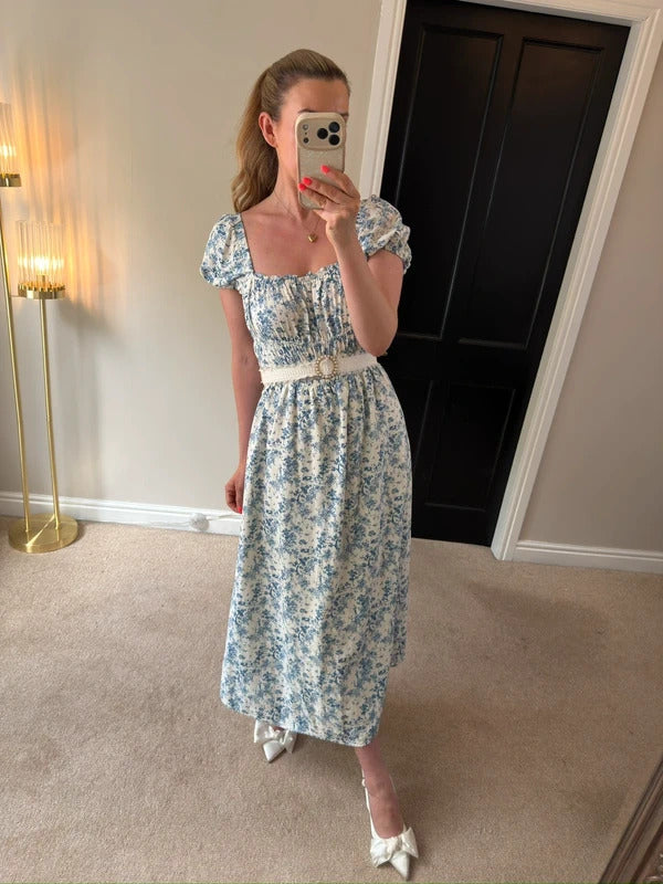 H&M White & Blue Floral Midi Dress Small