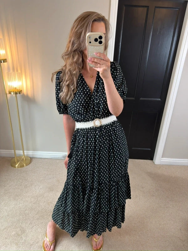 Knox Rose Black & White Tie Wrap Tiered Midi Dress Large