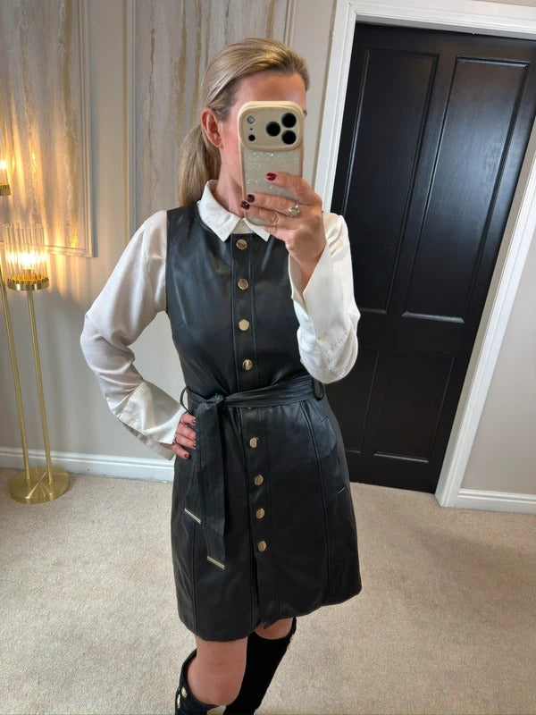 F&F Black Faux Leather Belted Dress 10