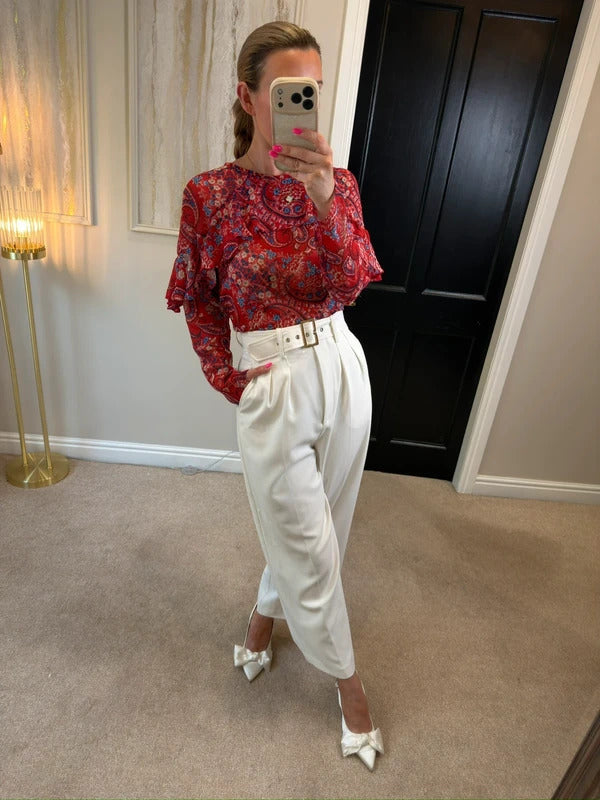 Papaya Red & Blue Sheer Paisley Frill Blouse 10