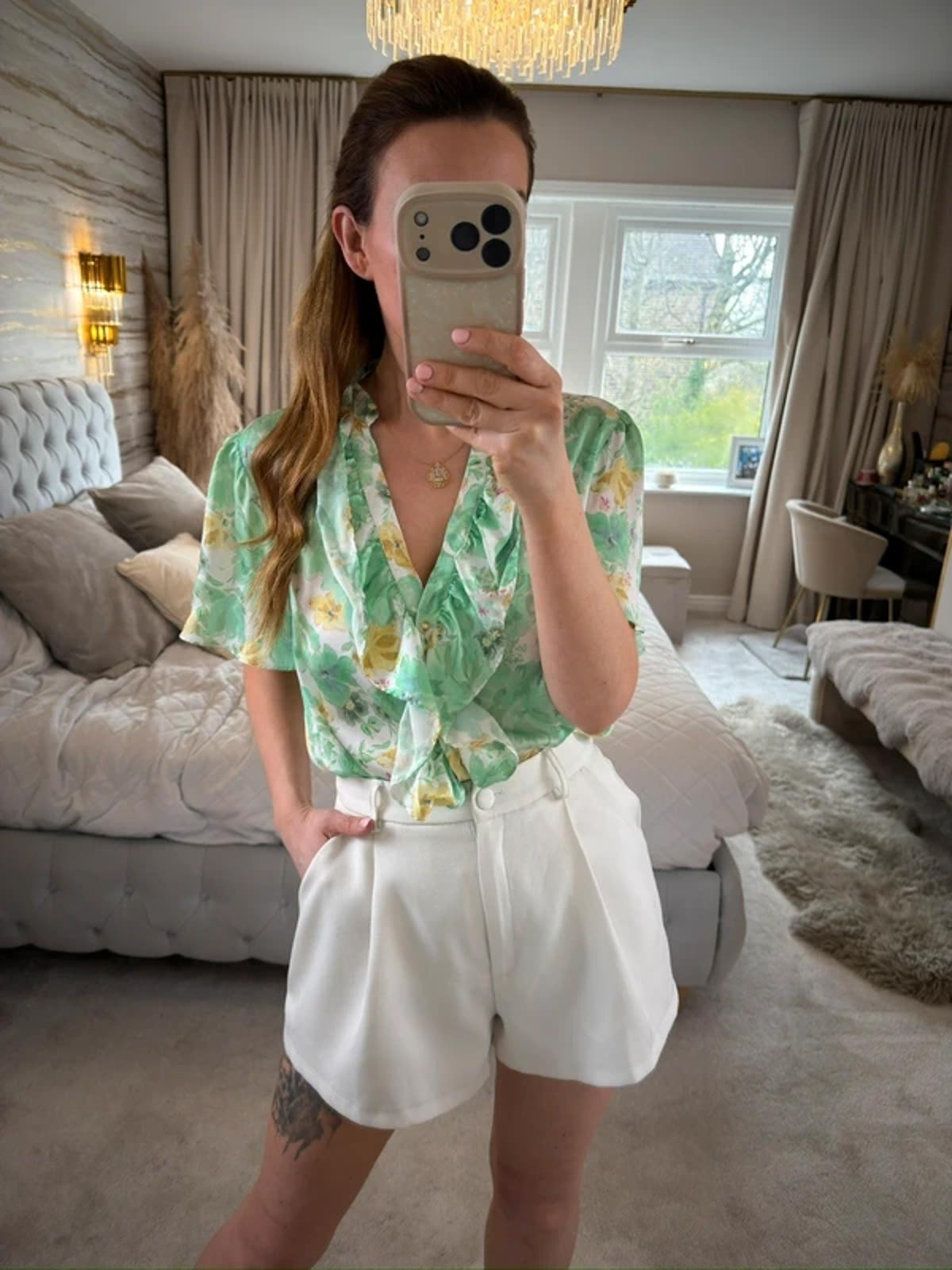 Zara Green Floral Frill Blouse Small