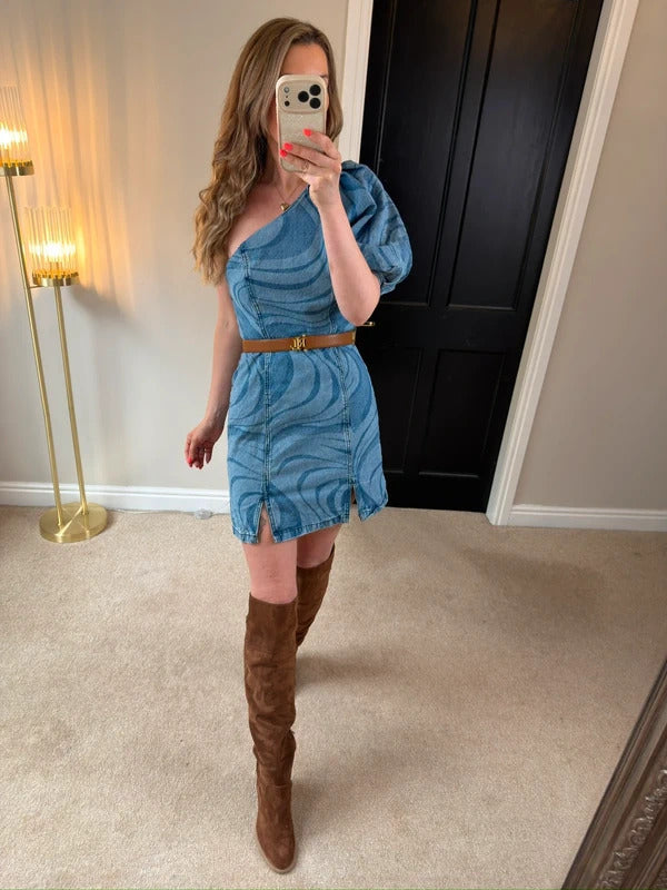 ASOS Denim One Shoulder Puff Sleeve Retro Style Mini Dress Size 10