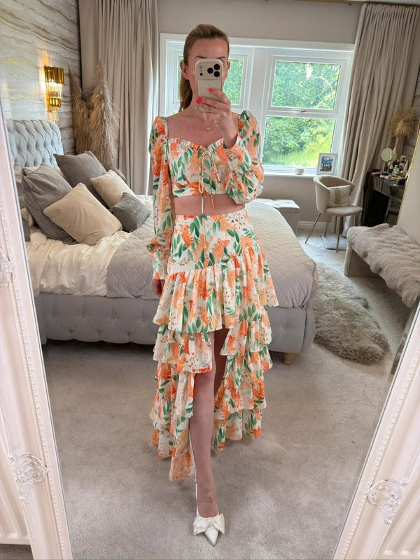 Moocci White & Orange Floral Tiered Skirt Co Ord Small