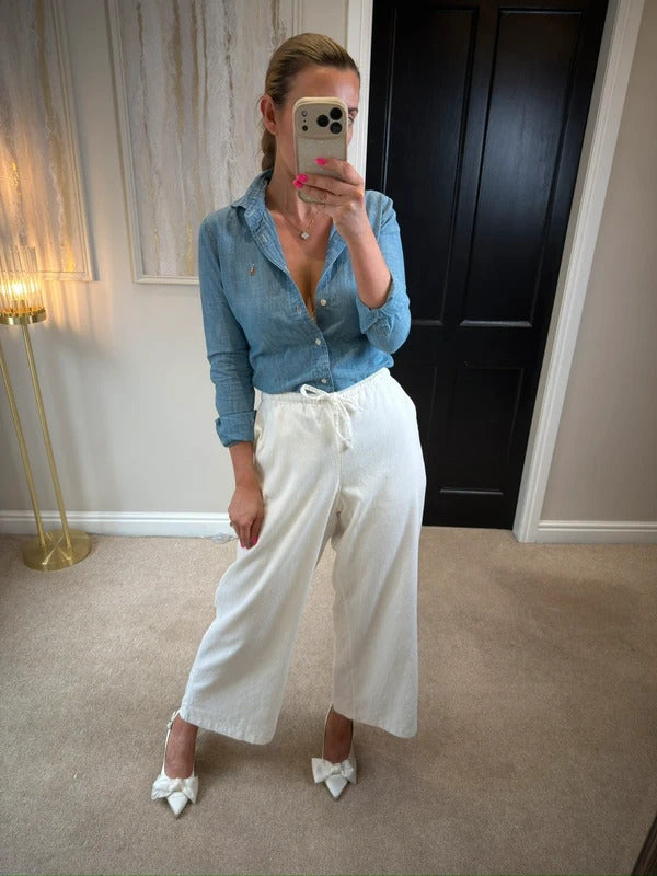 Hollister White Linen Blend Trousers Large
