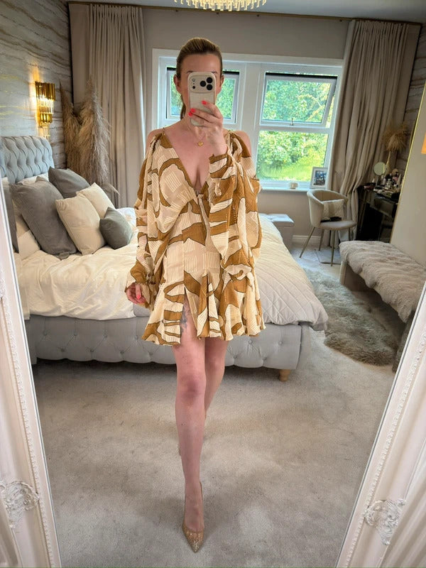 ASOS Beige & Brown Boho Gold Chain Open Back Mini Dress 10