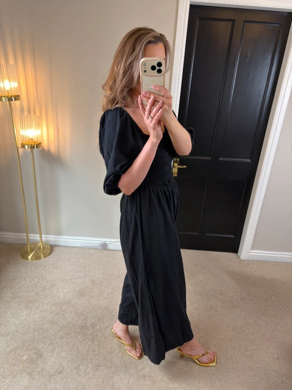 ASOS Navy Cotton & Linen Blend Wide Leg Cropped Jumpsuit 14/16