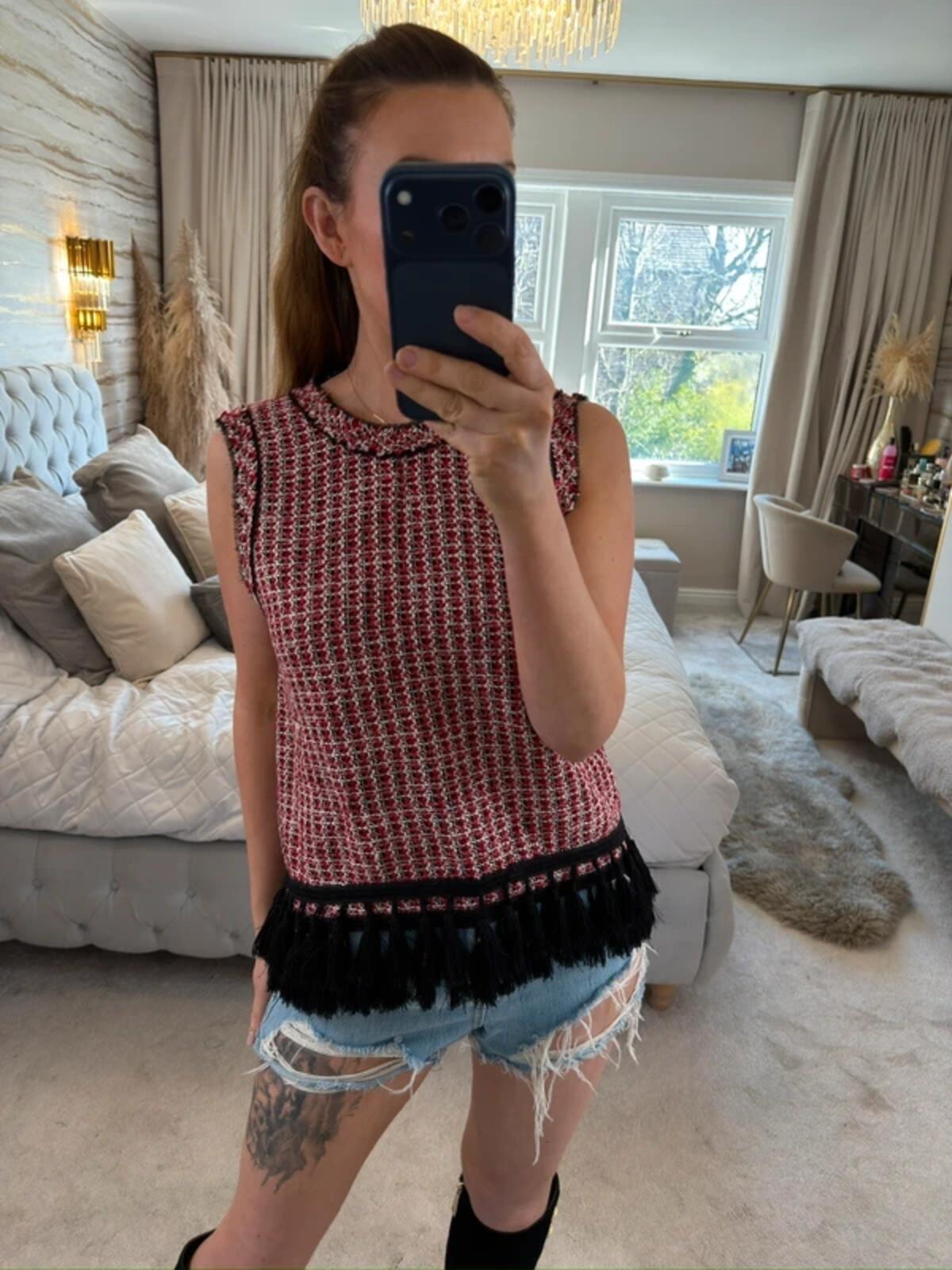 Zara Red Tweed Fringe Blouse Small
