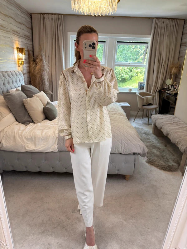 Vintage Aquascutum Cream & Brown Paisley Polka Dot Blouse Medium