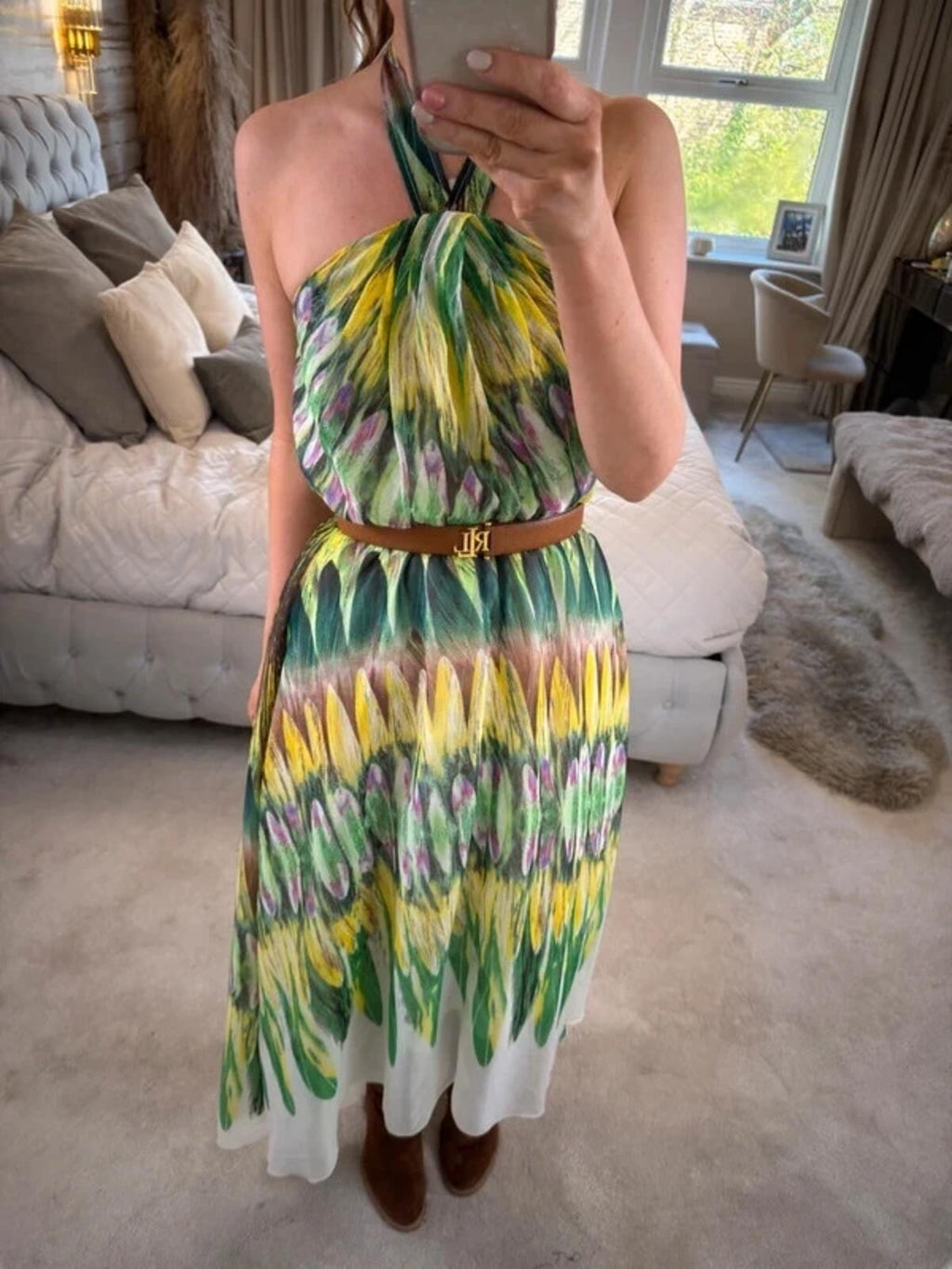 Caroline Morgan Green & Yellow Halterneck Dip Hem Dress 8