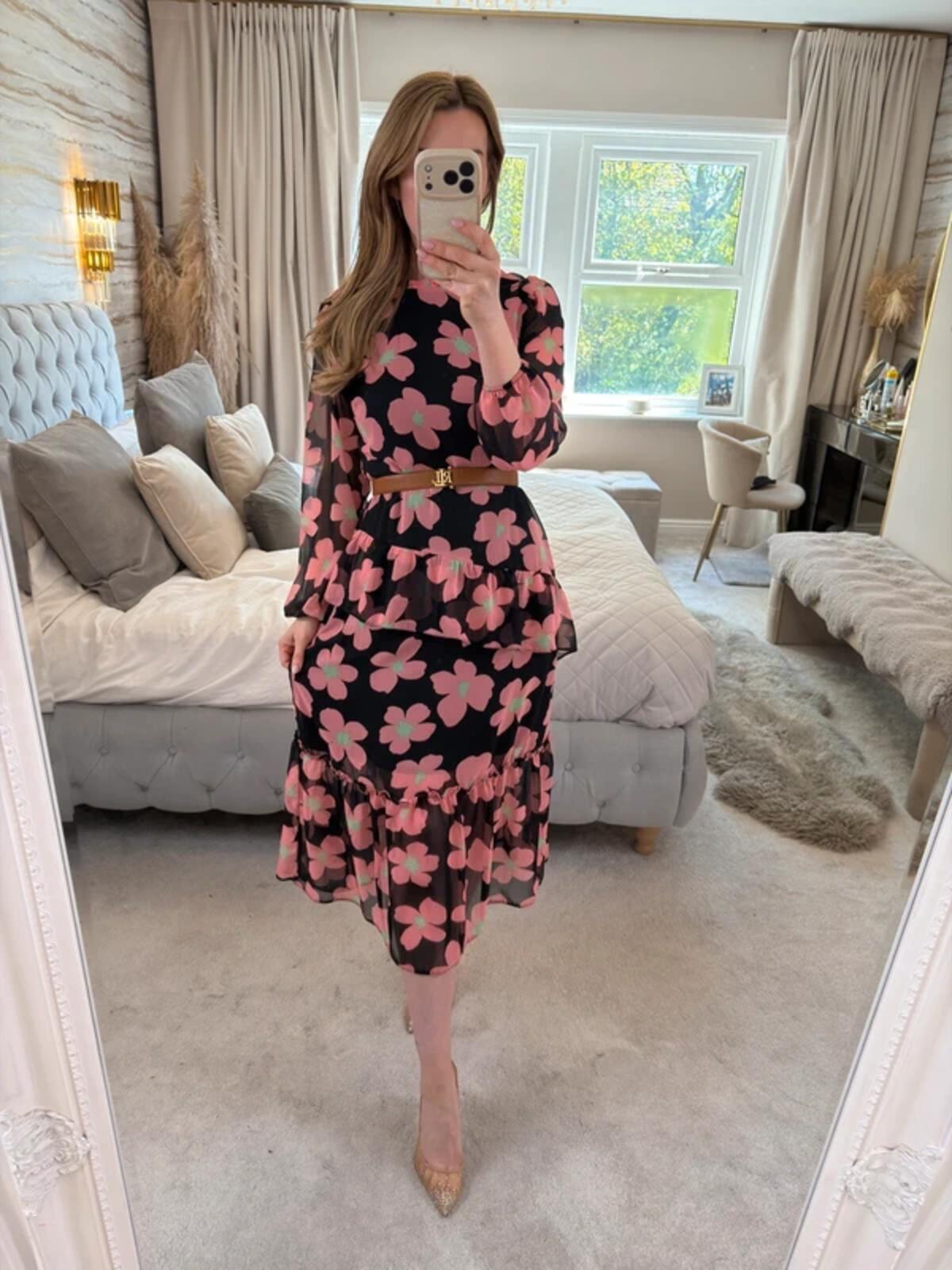 Miss Selfridge Black Floral Frill Tiered Midi Dress 10/12