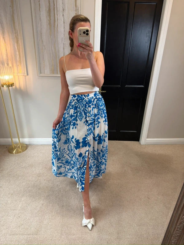 H&M Blue & White Floral Midi Skirt XS