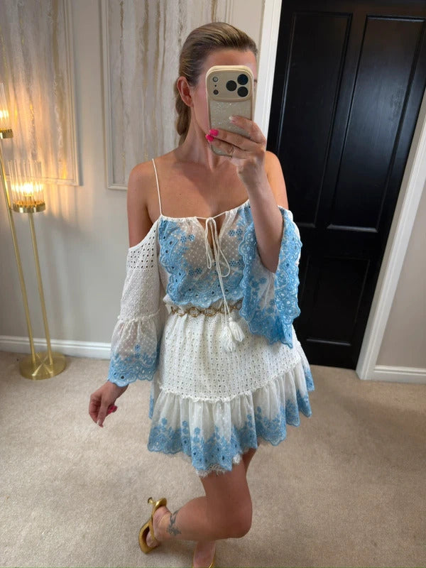 Miss June White & Blue Boho Mini Dress One Size