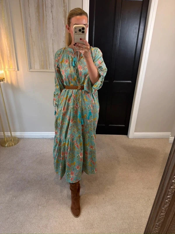 Soho Turquoise / Blue Boho Midi Dress L/XL