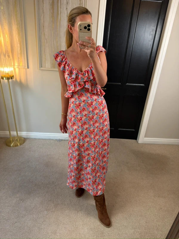 F&F Multicoloured Floral Frill Midi Dress 10