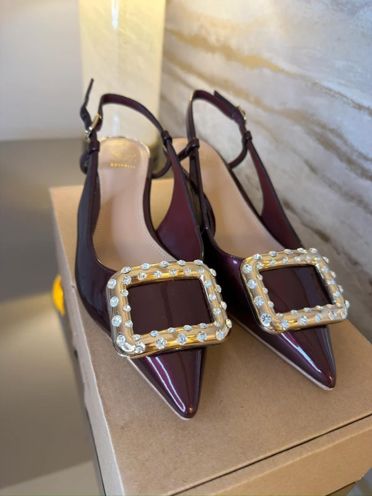 Dune Burgundy Patent Diamanté Heels 4