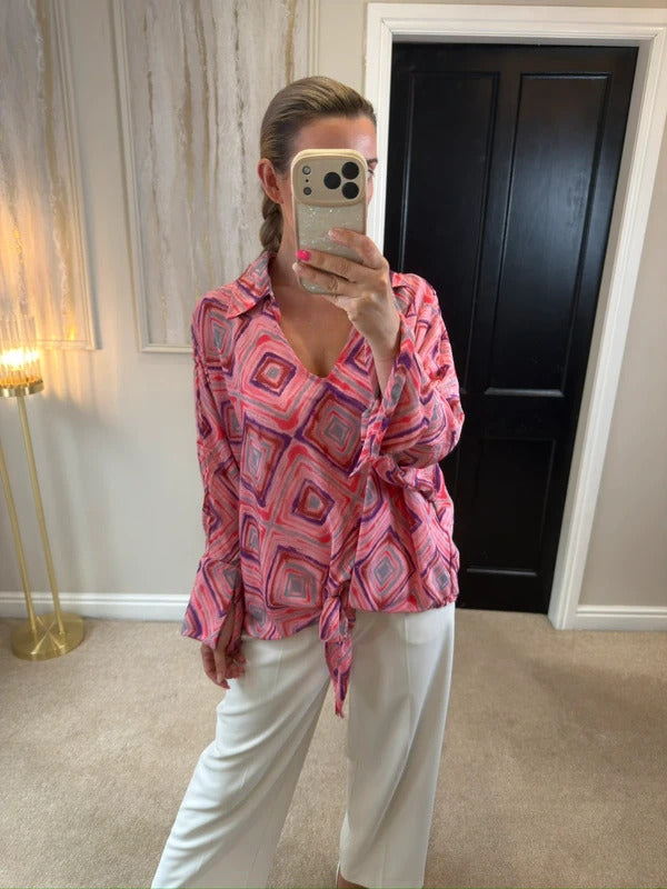 BNWT Gold & Silver Paris Pink Satin Oversized Blouse One Size